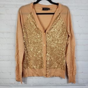 St. John Cashmere Silk Wool Blend Front-Sequin Cardigan in Apricot Small
